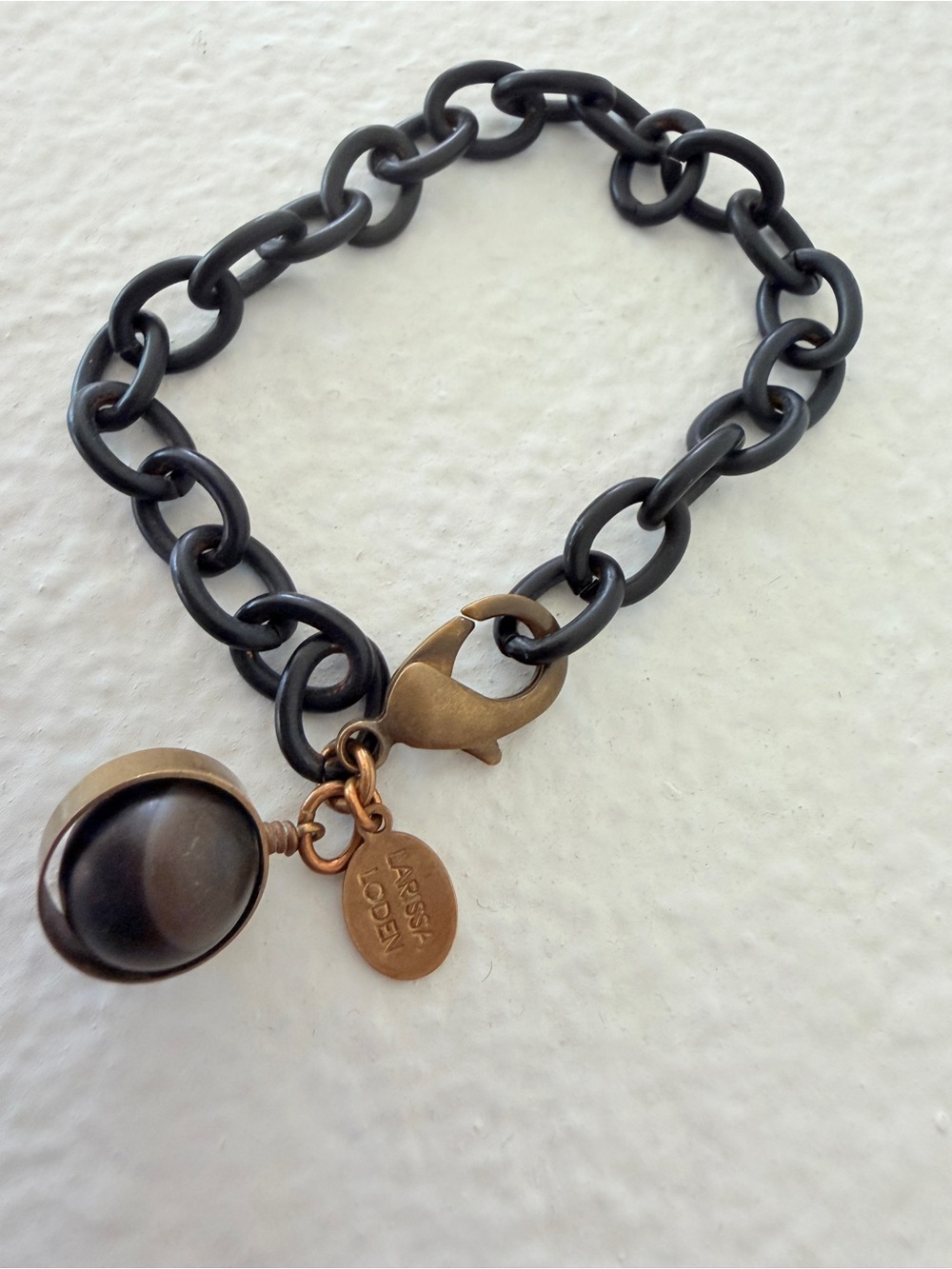 Larissa Loden Signed Statement Bracelet Black Chain Brass Dark Stone Pendant